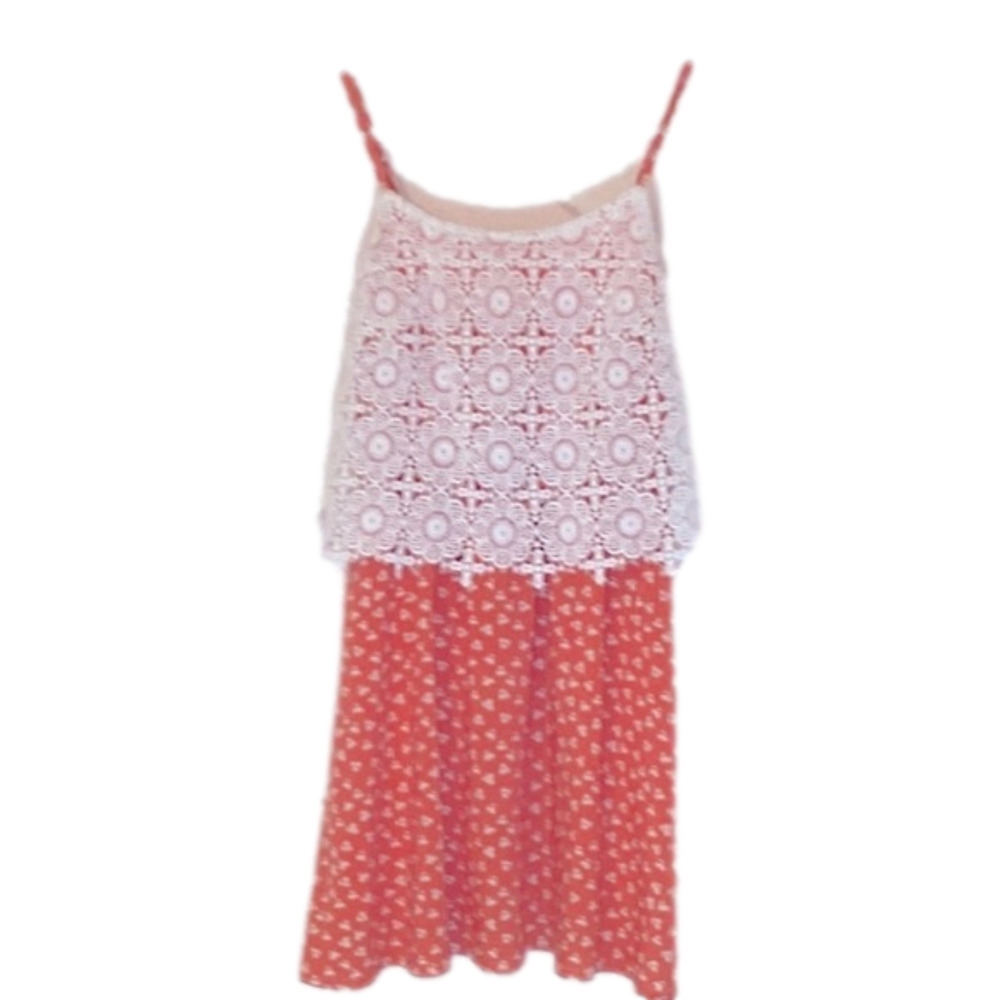 𝅺STYLEBOOK Spring Dress, Size S, Orange Print & White Crochet Trim.